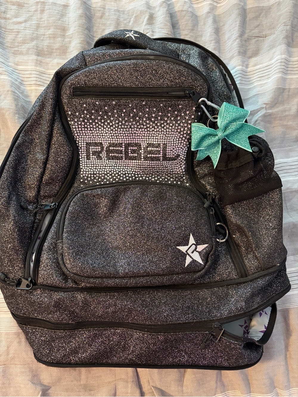BROKEN Zipper REBEL Black Glitter Backpack with Teal Bow Charm
